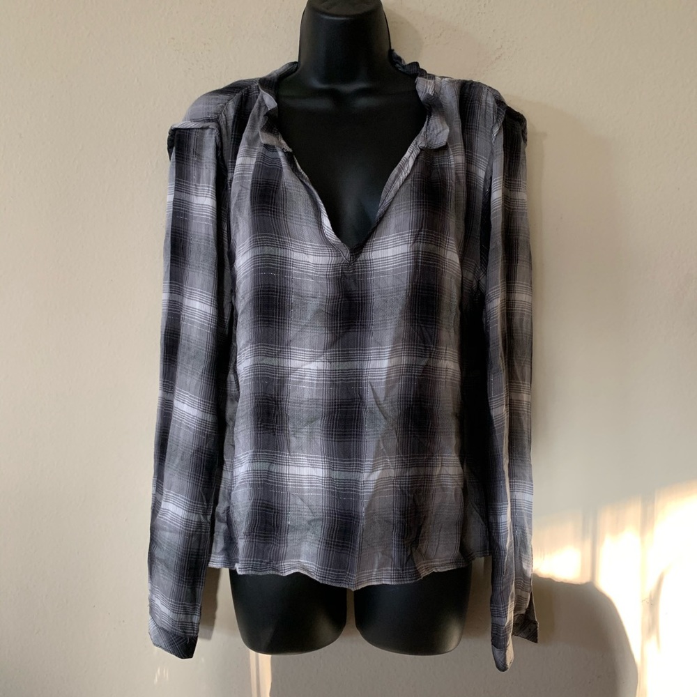 Bella Dahl Black Silver Plaid Ruffle Collar Shirt